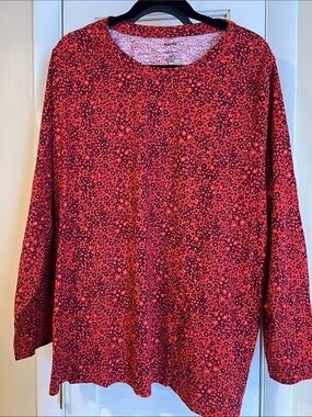 Sonoma Red Micro Floral Long-Sleeve Crewneck Top